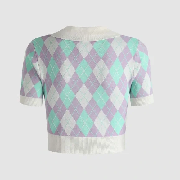 Cider Argyle Crop Lightweight Knit Cardigan Sweater Pastel - Picture 3 of 3